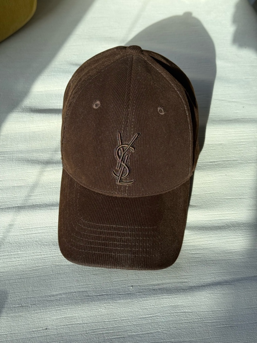 Yves Saint Laurent Brown Corduroy Logo Baseball Hat